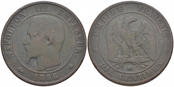 Франция 10 сантимов 1856 BB, Наполеон III (1852-1870) KM 771.3, Le Franc 133.34 бронза 3460-931