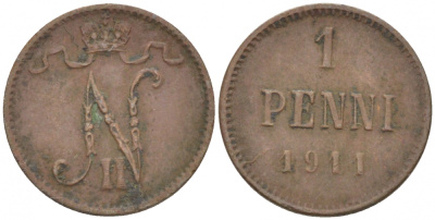 Россия для Финляндии 1 пенни 1911 Николай II (1894-1917) KM 13, Биткин 471 медь 4396-1351