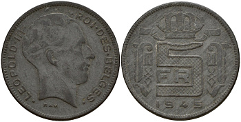 Бельгия 5 франков 1945 Belges, Леопольд III (1934-1947), германская оккупация KM 129.1 цинк 4161-947