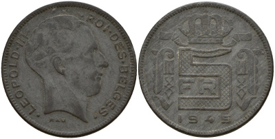 Бельгия 5 франков 1945 Belges, Леопольд III (1934-1947), германская оккупация KM 129.1 цинк 4161-947