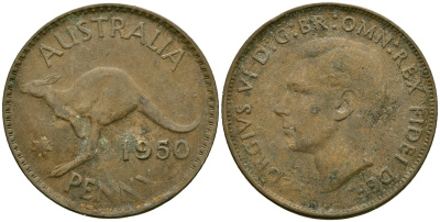Австралия 1 пенни 1950 Георг VI (1937 - 1952), кенгуру KM 43 бронза 4120-732