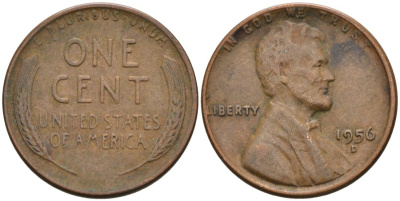 США 1 цент 1956 D, Линкольн KM А132 медь цинк 4564-261