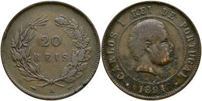Португалия 20 рейсов 1891 А, Карлуш I (1889-1908) KM 533 бронза 81-241