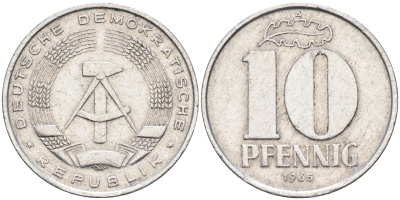 ГДР 10 пфеннигов 1965 А KM 10 алюминий 4589-116