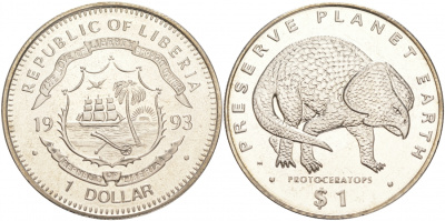 Либерия 1 доллар 1993 серия динозавры, протоцератопс KM 98 медно-никель UNC M20-4