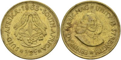 ЮАР 1/2 цента 1963 Ян Ван Рибек (1619-1677), голландский исследователь, мореплаватель, основатель Г. Кейптауна, две птички на ветке с ягодами KM 56 латунь 4135-343