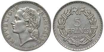 Франция 5 франков 1933 KM 888, Le Franc 336 никель 4123-243