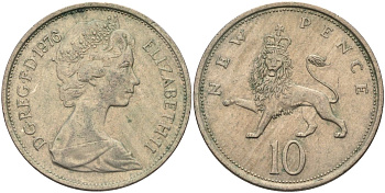 Великобритания 10 пенсов 1976 Елизавета II (1952-2022) KM 912, Spink 4231 (F1) медно-никель 4683-426