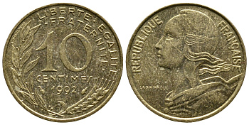 Франция 10 сантимов 1992 тип Марианна KM 929 медь алюминий никель 3461-233