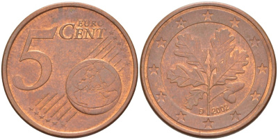 ГЕРМАНИЯ 5 ЕВРОЦЕНТОВ 2002 D KM 209 сталь плакированная медью 4543-534