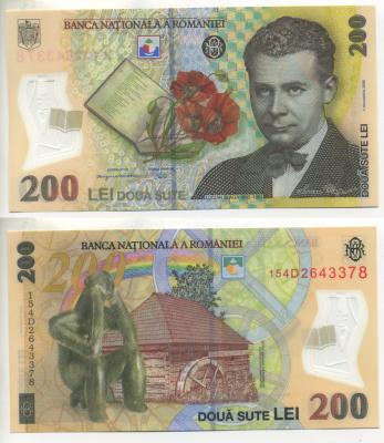 РУМЫНИЯ 200 ЛЕЙ 2006 1 ДЕКАБРЯ 2006, ЛУЧИАН БЛАГА (1895-1961) Pick 122а пластик UNC (ПРЕСС) 000-00-00