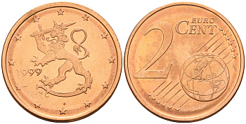Финляндия 2 евроцента 1999  KM 99 сталь плакированная медью  UNC  4160-352