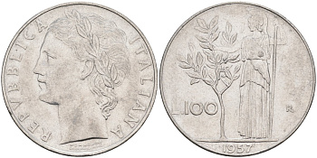 Италия 100 лир 1957 R, Афина в доспехах KM 96.1 нержавеющая сталь 4683-443