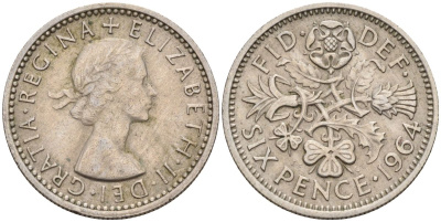 Великобритания 6 пенсов 1964 Елизавета II (1952-2022) KM 903, Spink 4149 медно-никель 4154-245