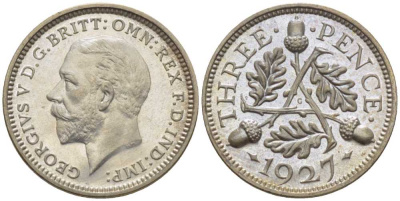 Великобритания 3 пенса 1927 Георг V (1910-1936), четвертый выпуск, тираж 15000 экземпляров KM 831, Spink 4042 серебро  PROOF 00-000-00