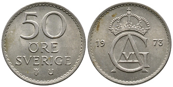 Швеция 50 эре 1973 U, Густав VI Адольф (1950-1973) KM 837 медно-никель UNC 3461-135