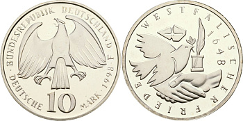 ФРГ 10 марок 1998 D, 350 лет Вестфальскому мирному договору KM 191 серебро PROOF 11-222-35
