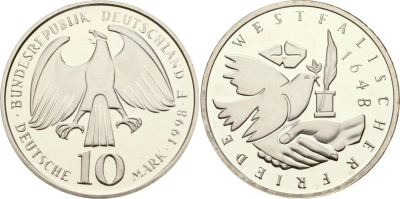 ФРГ 10 марок 1998 D, 350 лет Вестфальскому мирному договору KM 191 серебро PROOF 11-222-35