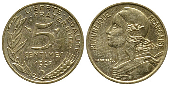 Франция 5 сантимов 1997 тип Марианна KM 933 медь алюминий никель 4679-968