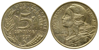 Франция 5 сантимов 1997 тип Марианна KM 933 медь алюминий никель 4679-968