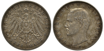 Бавария 3 марки 1909 Отто (1886-1913) Weege 45, J. 47, KM 515 серебро 3711-1913