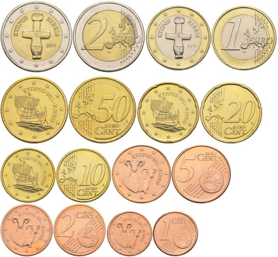 КИПР ЕВРОНАБОР ИЗ 8 МОНЕТ 2011 1, 2, 5, 10, 20, 50 ЕВРОЦЕНТОВ, 1 И 2 ЕВРО UNC 183-831