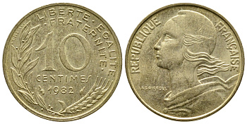 Франция 10 сантимов 1982 тип Марианна KM 929 медь алюминий никель 3461-237