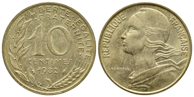 Франция 10 сантимов 1982 тип Марианна KM 929 медь алюминий никель 3461-237