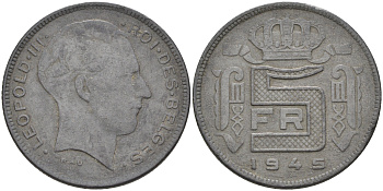 Бельгия 5 франков 1945 Belges, Леопольд III (1934-1947), германская оккупация KM 129.1 цинк 4592-352