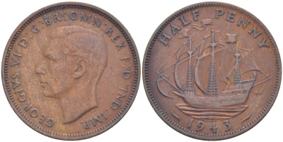 Великобритания 1/2 пенни 1943 Георг VI (1936-1952) KM 844, Spink 4115 бронза 34-1132