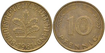 ФРГ 10 пфеннигов 1981 F KM 108, J. 383 сталь плакированная латунью 4681-1147