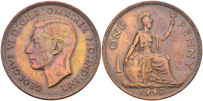 Великобритания 1 пенни 1947 Георг VI (1936-1952) KM 845, Spink 4114 бронза 4590-1235