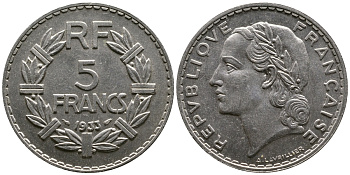 Франция 5 франков 1933 KM 888, Le Franc 336 никель 57-613