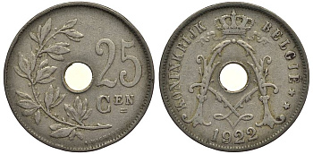 Бельгия 25 сантимов 1922 Belgie, Альберт I (1909-1934) KM 69 медно-никель 27-927