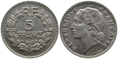 Франция 5 франков 1933 KM 888, Le Franc 336 никель 57-613