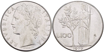 Италия 100 лир 1979 R, Афина в доспехах KM 96.1 нержавеющая сталь 4545-716
