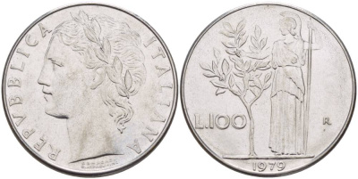 Италия 100 лир 1979 R, Афина в доспехах KM 96.1 нержавеющая сталь 4545-716