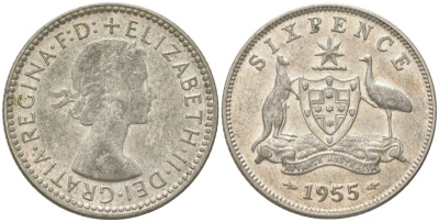 Австралия 6 пенсов 1955 Елизавета II (1952-2022) KM 58 серебро 4623-247