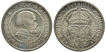 Швеция 2 кроны 1921 W, Густав V (1907-1950) 400 лет политических свобод KM 799 серебро UNC 3460-845