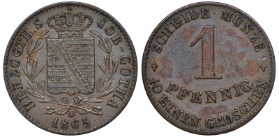 Саксен-Кобург-Гота 1 пфенниг 1865 B, Эрнст II (1844-1893) KM 136, Jaeger 276, AKS 114 медь    413-6714