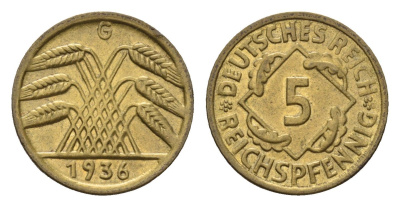 Германия 5 рейхспфеннигов 1936 G KM 39, J. 316 алюминиевая бронза aUNC 54-355