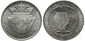 Швеция 100 крон 1985 Карл XVI Густав (1973- ), Международный год молодежи KM 864 серебро BUNC 3460-826