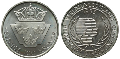 Швеция 100 крон 1985 Карл XVI Густав (1973- ), Международный год молодежи KM 864 серебро BUNC 3460-826