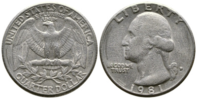 США 25 центов (квотер) 1981 D, Джордж Вашингтон KM 164a медь плакированная медно-никелем 57-1044