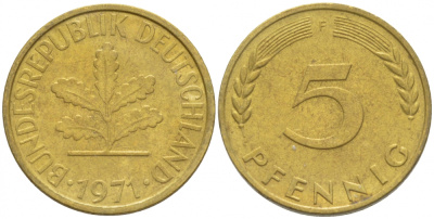 ФРГ 5 ПФЕННИГОВ 1971 F KM 107, J. 382 сталь плакированная латунью 3996-1143