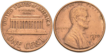 США 1 ЦЕНТ 1970 S, ЛИНКОЛЬН, SMALL DATE KM 201 медь цинк 188-355