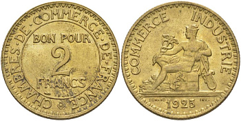 Франция 2 франка 1925 тип Chambre de commerce KM 877, Le Franc 267.7 алюминиевая бронза 3460-526