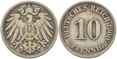 Германия 10 пфеннигов 1900 A KM 12, J. 13 медно-никель 4401-1142