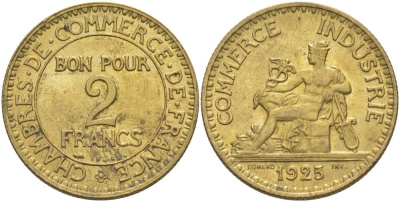 Франция 2 франка 1925 тип Chambre de commerce KM 877, Le Franc 267.7 алюминиевая бронза 3460-526