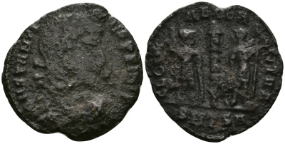 Римская Империя нуммий 337 - 340 Константин II GLORIA EXERCITVS Фессалоника fine RIC 55 бронза 1073-6-116